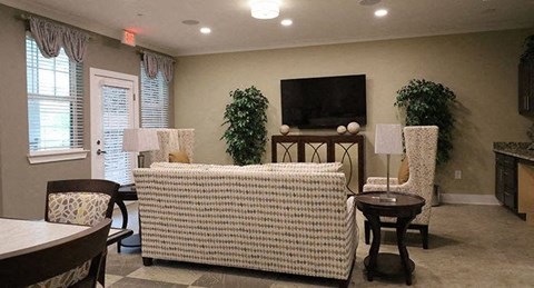 a living room with a couch and chairs and a television
